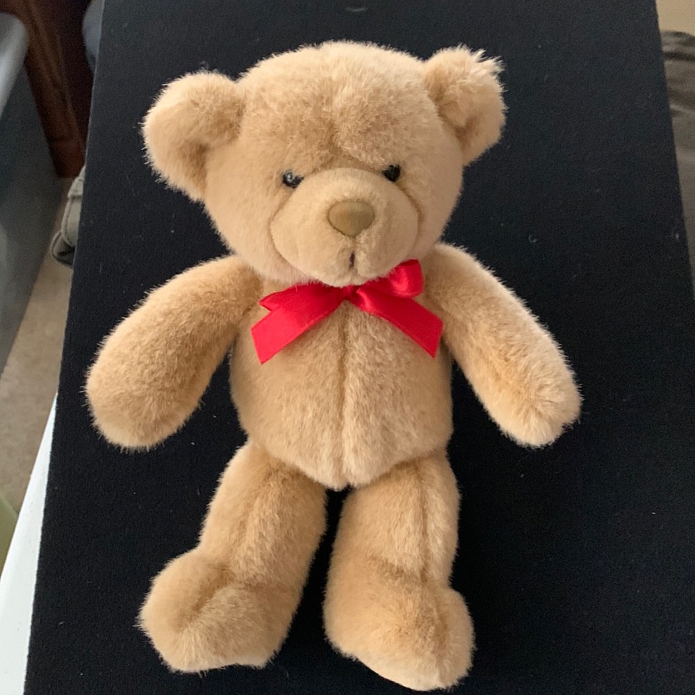 Gund tan teddy bear with red bow, 10 inch plush stuffed animal